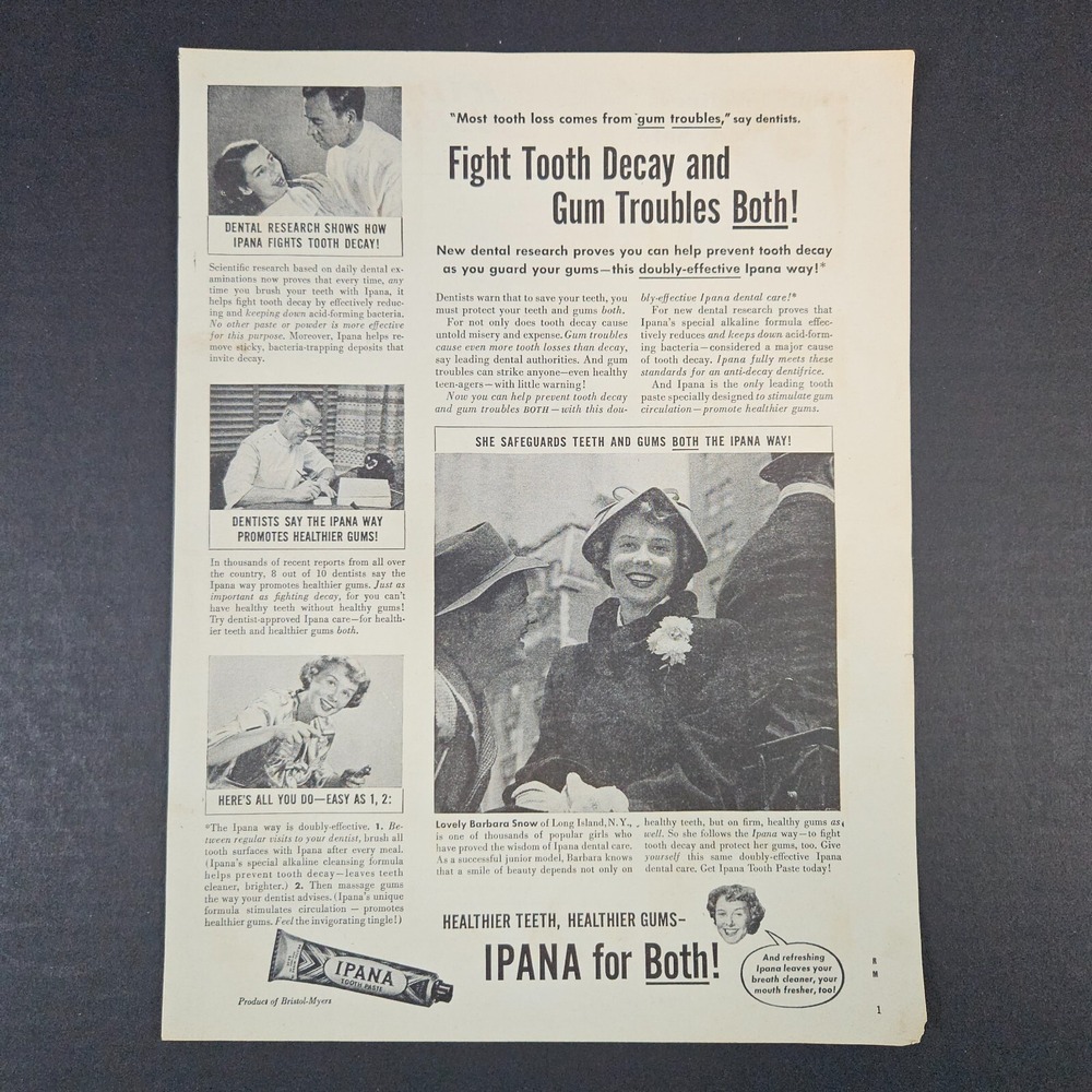 1949 Ipana Tooth Paste Vintage Print Ad Dentist Barbara Snow Fight‎ Gum Troubles
